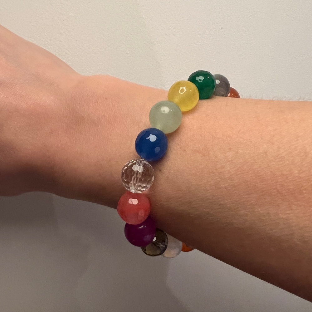 Semiprecious gemstone rainbow round bead chunky bauble beaded stacking bracelet - Picture 5 of 17